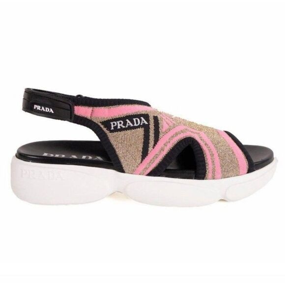 PRADA Cloudburst Pink & Beige Knit Logo Ankle Strap Slingback Sandals Si… - Picture 5 of 14